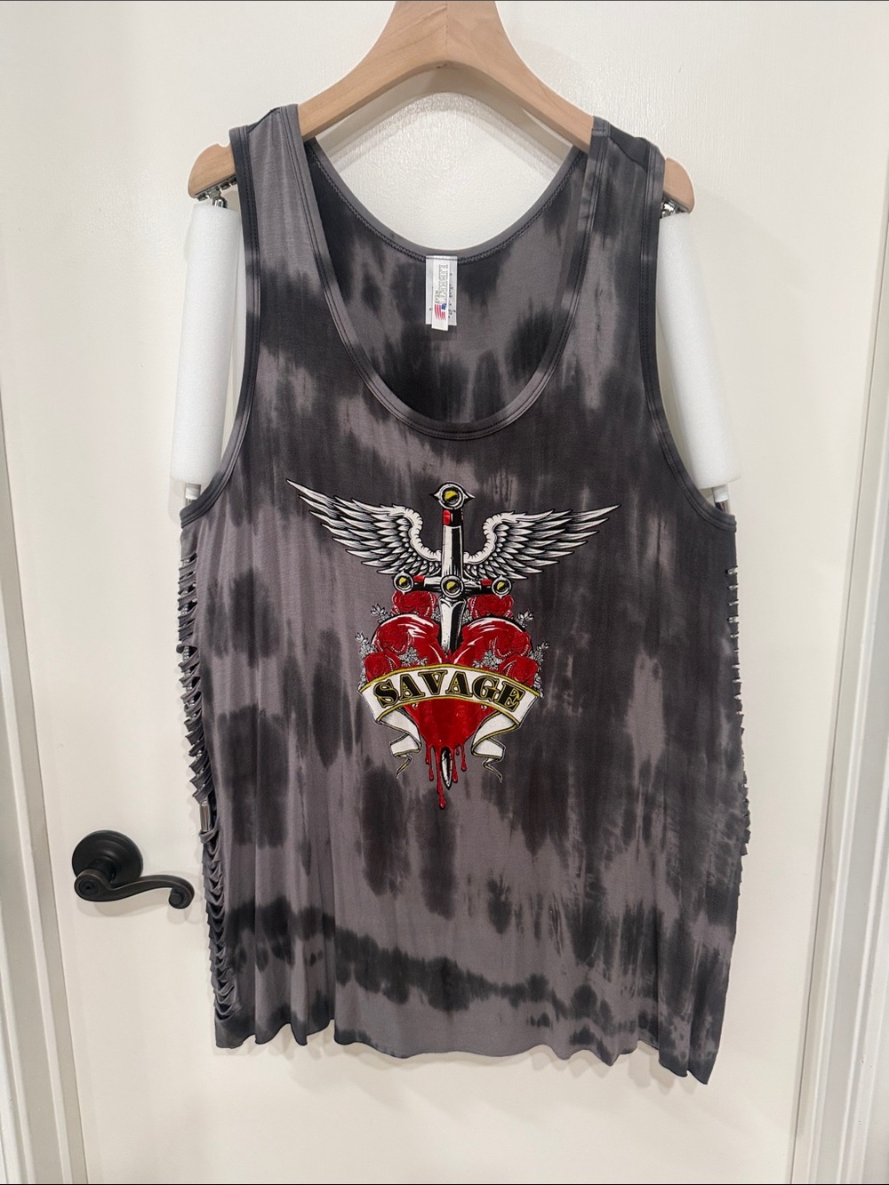 Savage Graphic Tie-Dye Tank Top - Gray with Red Heart